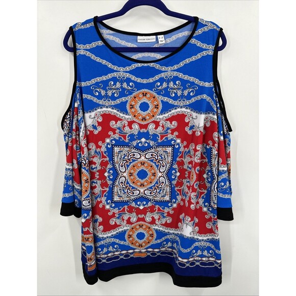 Susan Graver 3X Liquid Knit Top Blue Red Printed Cold Shoulder Casual BOHO - Picture 1 of 8
